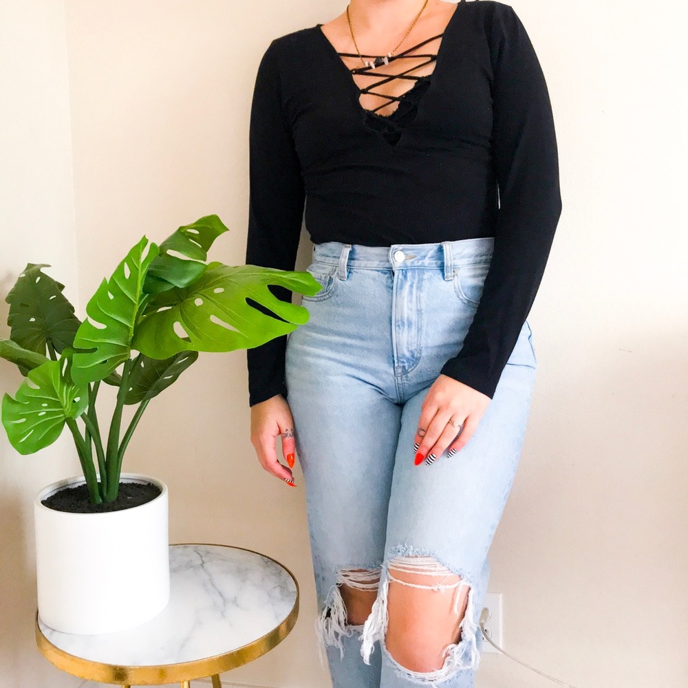 Black lace up front body suit